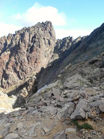 Spoglądając wstecz na początek Kotła Samotności i przełęcz Bocca Tumasginesca (2183 m).